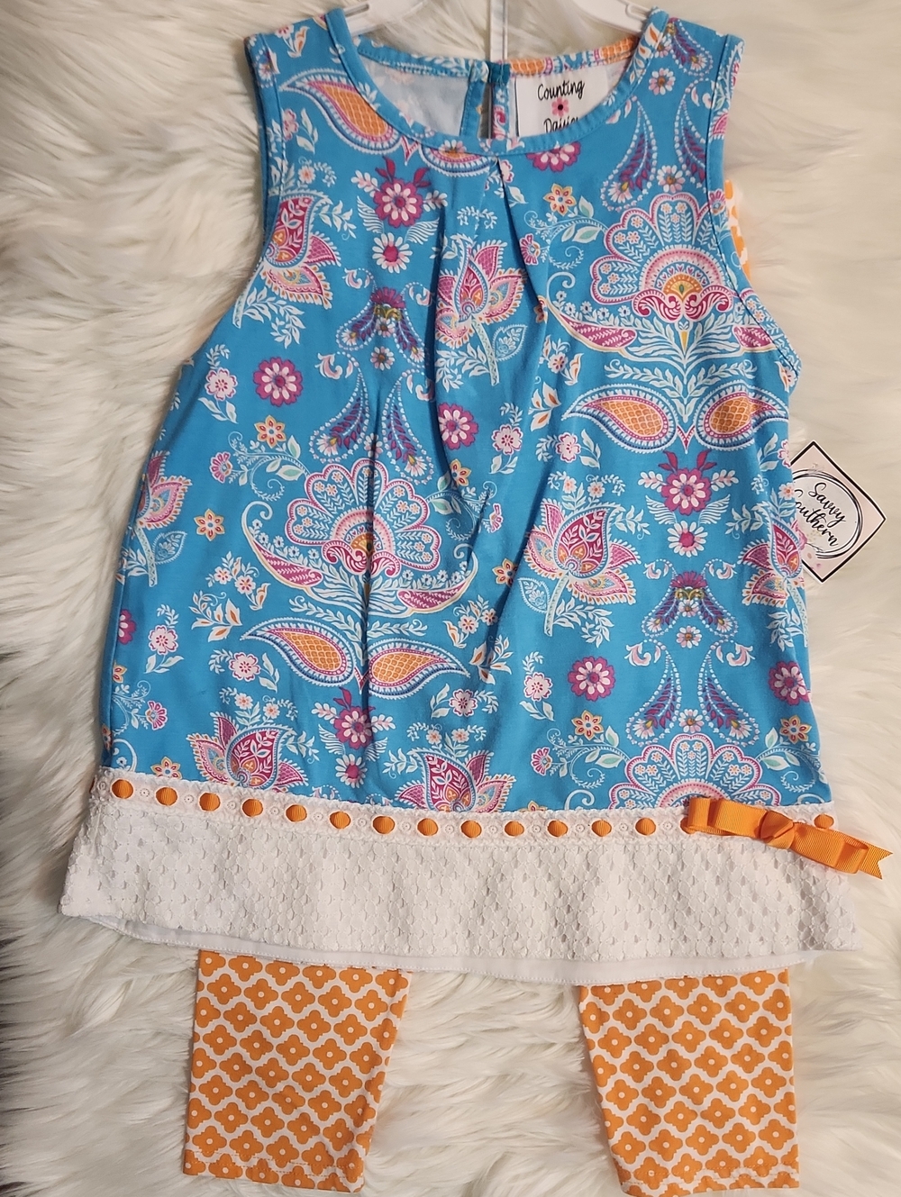 Blue Paisley Tank Tunic Orange Bow &  Leggings - Size: 6 - Counting Daisies